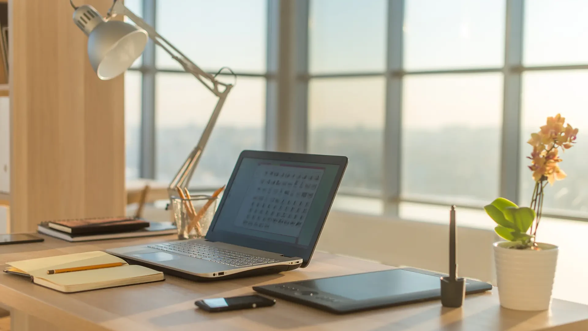 Ein aufgeräumter minimalistischer Arbeitsschreibtisch 