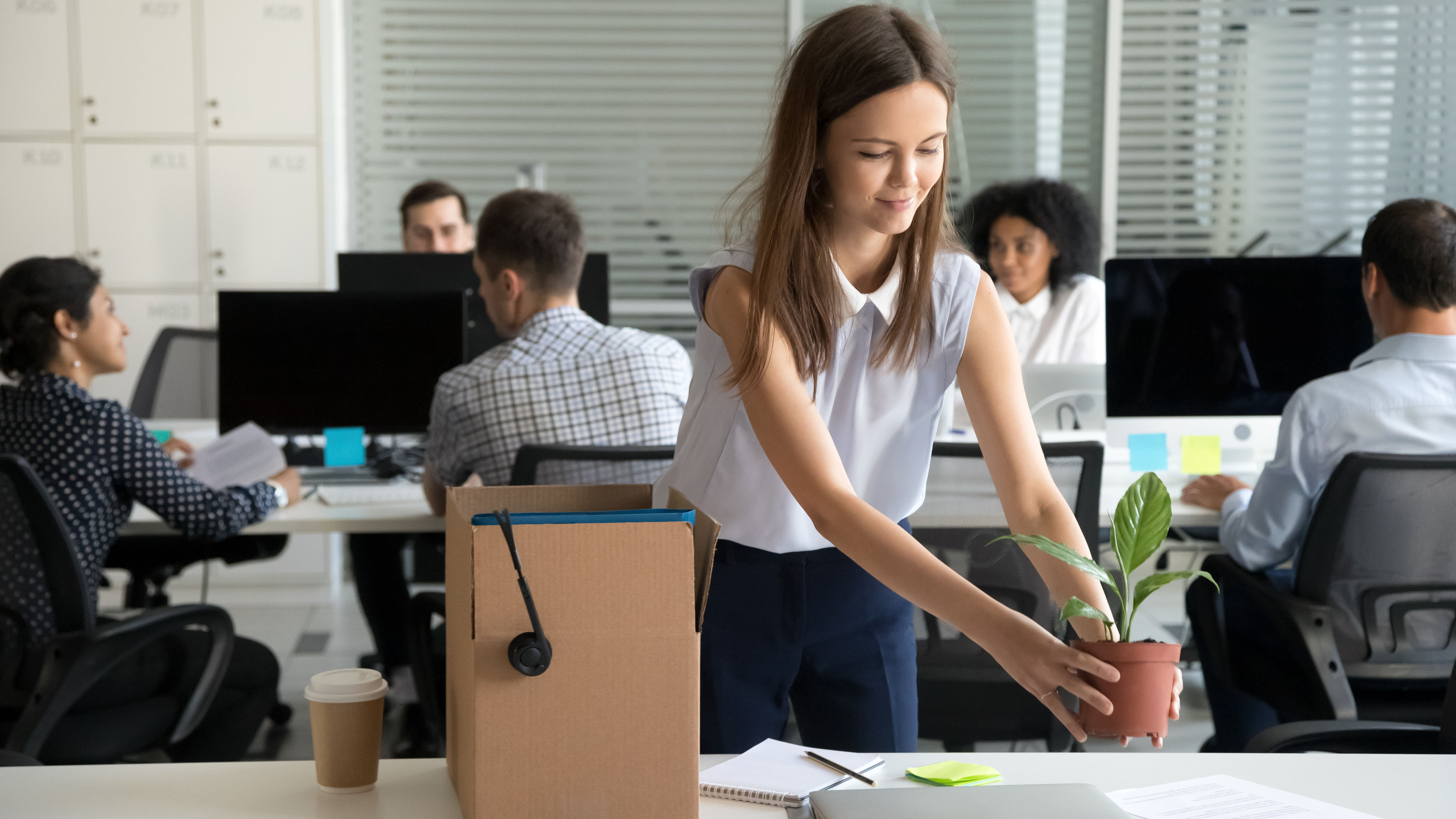 Eine junge Frau setzt eine kleine Tischpflanze auf ihrem Schreibtisch im neuen Büro auf 